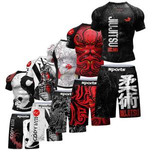 2 PCS 스포츠 슈트 Bjj Jiu Jitsu Gi Rashguard+MMA 반바지 무에타이 바지 쿨 복싱 그래플링웨어 체육관 피트니스 러닝 의류