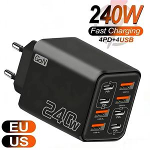 240W GaN USB C 충전기 8 in 1 고속 충전 휴대폰 충전기 전원 어댑터 (아이폰, 삼성, 샤오미 타입 C) EU/US 플러그 벽면 충전기