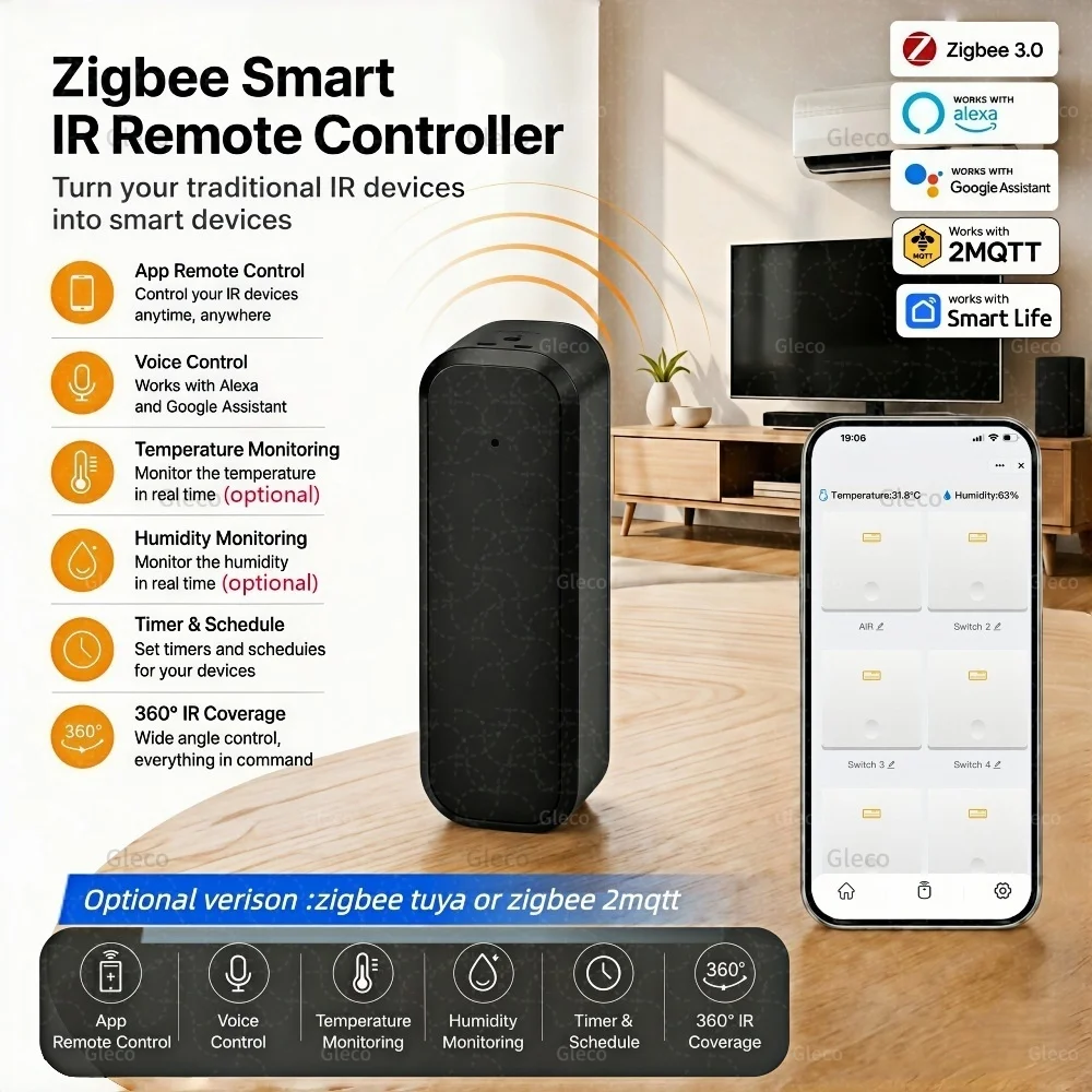 Zigbee IR 원격 제어 TUYA Smart Life Zigbee2mqtt 게이트웨이용 온도 습도 센서가 있는 범용 적외선 컨트롤러