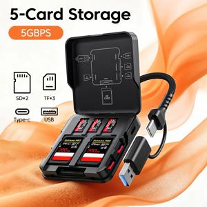 5 in 1 USB3.0 리더 스토리지 박스 어댑터(USB/Type-C 케이블 지원) SD/TF 카드 스토리지 관리자용 5포트 동시 읽기 지원