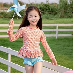2026 여아 투피스 수영복 2026 새로운 자외선 차단 속건성 긴팔 복서 반바지 귀여운 수영복 (수영모 포함)