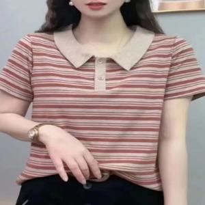 여성용 면 반팔 폴로 셔츠 카라 여름 티셔츠 패셔너블한 에이지리스 중년 여성 포켓 스퀘어 비즈니스 스타일