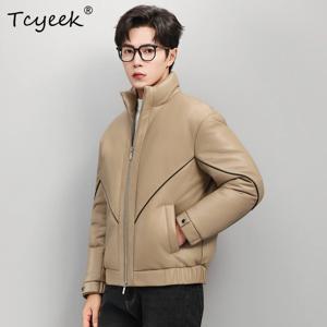Tcyeek 남성용 천연 양가죽 자켓 화이트 구스 다운 자켓 짧은 스탠드 칼라 퍼퍼 자켓 남성용 겨울 코트 2026 Jaquetas