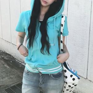 2026 가을 여성용 Y2K 라인스톤 반팔 지퍼업 후드티 스카이 블루 스트라이프 리브드 헴 캐주얼 스트리트웨어 슬림 스웨트셔츠 탑
