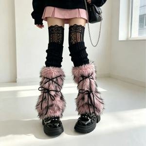 Y2K 고딕 페이크 퍼 레그 워머 여성 크리스크로스 레이스업 푹신한 부츠 커프스 하라주쿠 알트 플러시 겨울 파티 코스프레 스트리트웨어