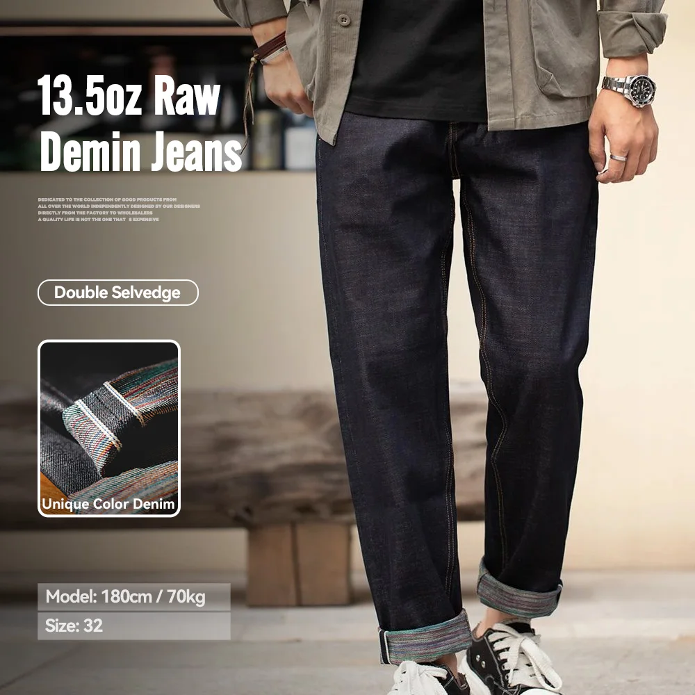 Maden 빈티지 컬러 코튼 로우 데님 청바지 남성용 13.5 OZ Selvedge Jeans Mid 허리 스트레이트 팬츠 streetwear Trousers