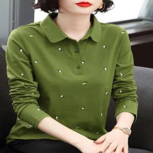 긴팔 티셔츠 여성의 새로운 패션 엄마의 가을 느슨한 대형 사이즈 폴로 칼라 퓨어 컬러 배 커버 탑 한국 스타일