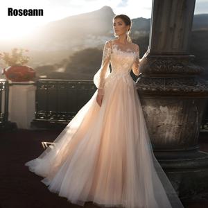 맞춤형 라이트 샴페인 웨딩 드레스 푹신한 풀 슬리브 반짝이 아플리케 Tulle 레이스 오픈 백 신부 드레스 robe de mariée