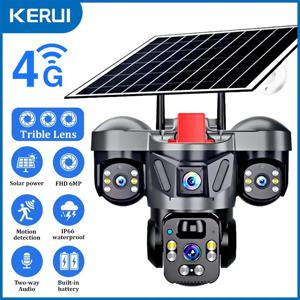 KERUI 야외 PTZ 6MP 4G SIM WIFI 태양광 패널 트리플 렌즈 카메라 홈 보안 CCTV 비디오 감시 내장 배터리 V380pro