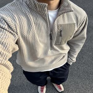 험블 스톤 아웃도어 윈드브레이커 후디 하프 지퍼 플리스 안감 스탠드 칼라 웨이브 텍스처 커플 스웨트셔츠 따뜻한 캐주얼