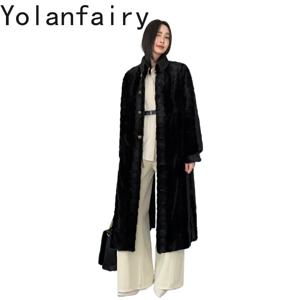 YOLANFAIRY 최고급 스플라이싱 밍크 퍼 코트 여성 겨울 2025 패션 스탠드 칼라 롱 블랙 밍크 퍼 코트 여성 퍼 재킷