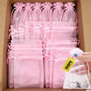 100PC 요정 오간자 보석 포장 가방 선물 핑크 보관 웨딩 드로스트링 메쉬 파우치 다양한 사이즈 소형 중형 대형 세트