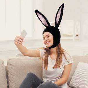 토끼 머리 장식 검정 동물 모자 만화 움직이는 귀 사진 소품 여성 소녀용 겨울 동물 모자
