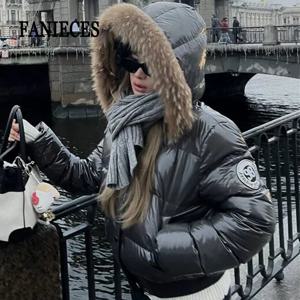 러시아 겨울용 따뜻한 인조 퍼 후드 퀼팅 푸퍼 재킷 여성용 Y2K 레트로 패딩 숏 코트 캐주얼 파카 광택 아우터웨어