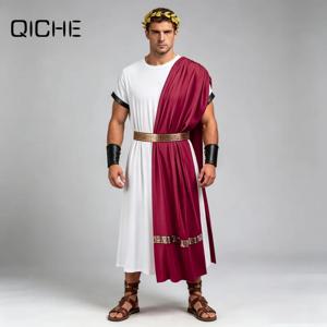 QICHE 성인용 토가 의상 로마 로브 그리스 신 왕 할로윈 코스프레 액세서리 세트