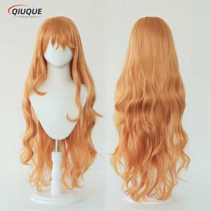 고품질 성인 나미 코스프레 가발 여성 75cm 긴 곱슬 물결 모양의 오렌지 내열성 헤어 애니메이션 코스프레 가발 + 가발 모자