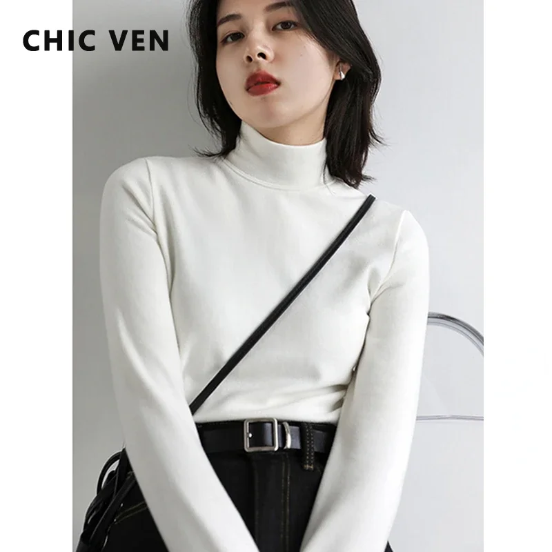 CHIC VEN 여성용 맨투맨 터틀넥 풀오버, 캐주얼 단색 드랄론 따뜻한 하의 블라우스, 오피스 레이디 상의, 가을 겨울 2023