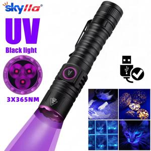 3x365nm UV LED 손전등 고출력 블랙라이트 USB 충전식 고양이/개 얼룩 제거, 무좀 치료, UV 접착제 경화, 전갈 퇴치 램프 토치
