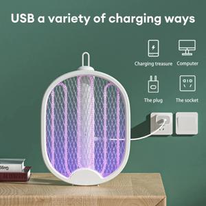 접이식 전기 모기채 - 3000V UV 라이트, USB 충전식 파리채 곤충 트랩