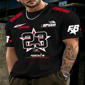 남성용 시카고 23 스피드 레이싱 프린트 크루넥 티셔츠 폴리에스테르 2XL-6XL 반팔 힙합 스트리트웨어 루즈 캐주얼 티셔츠