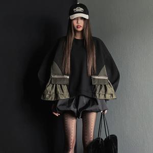 시크한 가을 겨울 여성용 크루넥 스웨트셔츠 긴팔 컬러 블록 디자인 큰 포켓 캐주얼 편안한 스트리트웨어