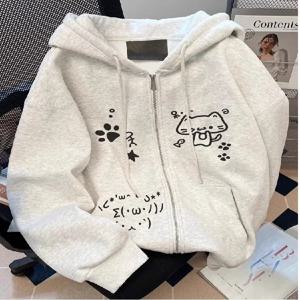 만화 고양이 프린트 후드티 여성용 가을 겨울 양털 안감 지퍼 오픈 가디건 루즈 슬리밍 캐주얼 아우터웨어 트렌디