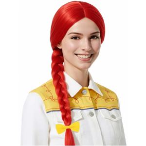 밝은 빨간색 61cm 긴 직선 가발 땋은 포니테일 노란색 리본 합성 광택 코스프레 데일리