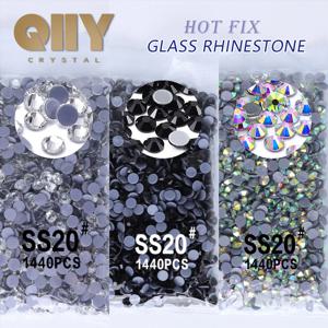 QIIY SS3-SS50 크리스탈 AB 블랙 글라스 라인스톤 핫픽스 플랫백 아이언 온 스톤 웨딩 드레스 원단 의류 장식용