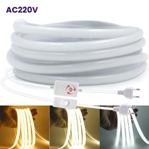 220V 디밍 가능 COB LED 스트립 라이트 288 LED/M 디머 스위치 ON/OFF 방수 EU 플러그 유연한 네온 램프 장식 3000K 4000K 6000K