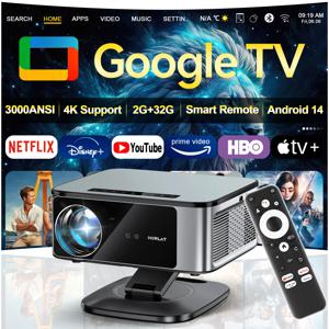 2026 HORLAT 구글 TV 프로젝터 3000ANSI 루멘 풀HD 1080P 자동 초점 WiFi 6 3D 4K 지원 스마트 홈시어터 돌비 프로젝터