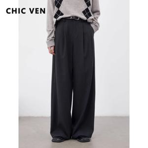 CHIC VEN 여성 맞춤형 바지 하이웨이스트 루즈핏 캐주얼 디자인 슬림 여성 플리츠 스트레이트 레그 수트 팬츠 봄 가을 2026