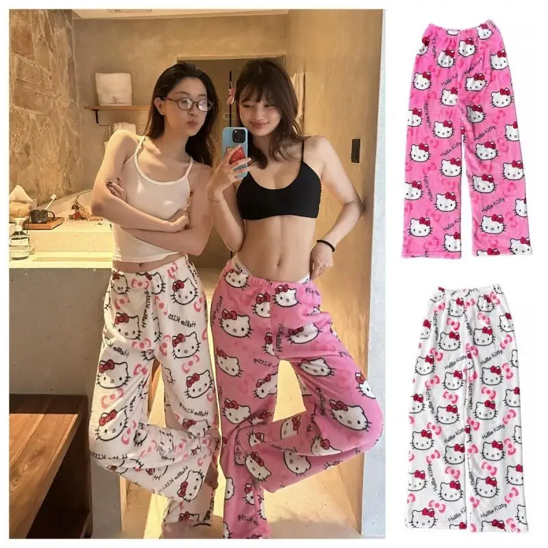 슬립 팬츠 헬로 키티 만화 레이디 홈 산리오 플란넬 새로운 따뜻한 루즈 캐주얼 바지 워킹 팬츠 심플하고 편안한 레저