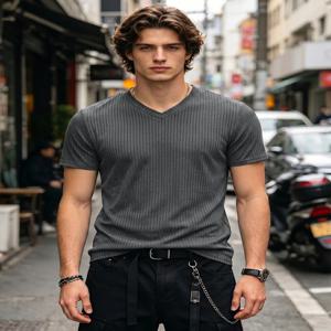 남성용 세로 골지 V넥 티셔츠 슬림핏 통기성 속건 스트레치 니트 캐주얼 스트리트웨어 반팔 풀오버