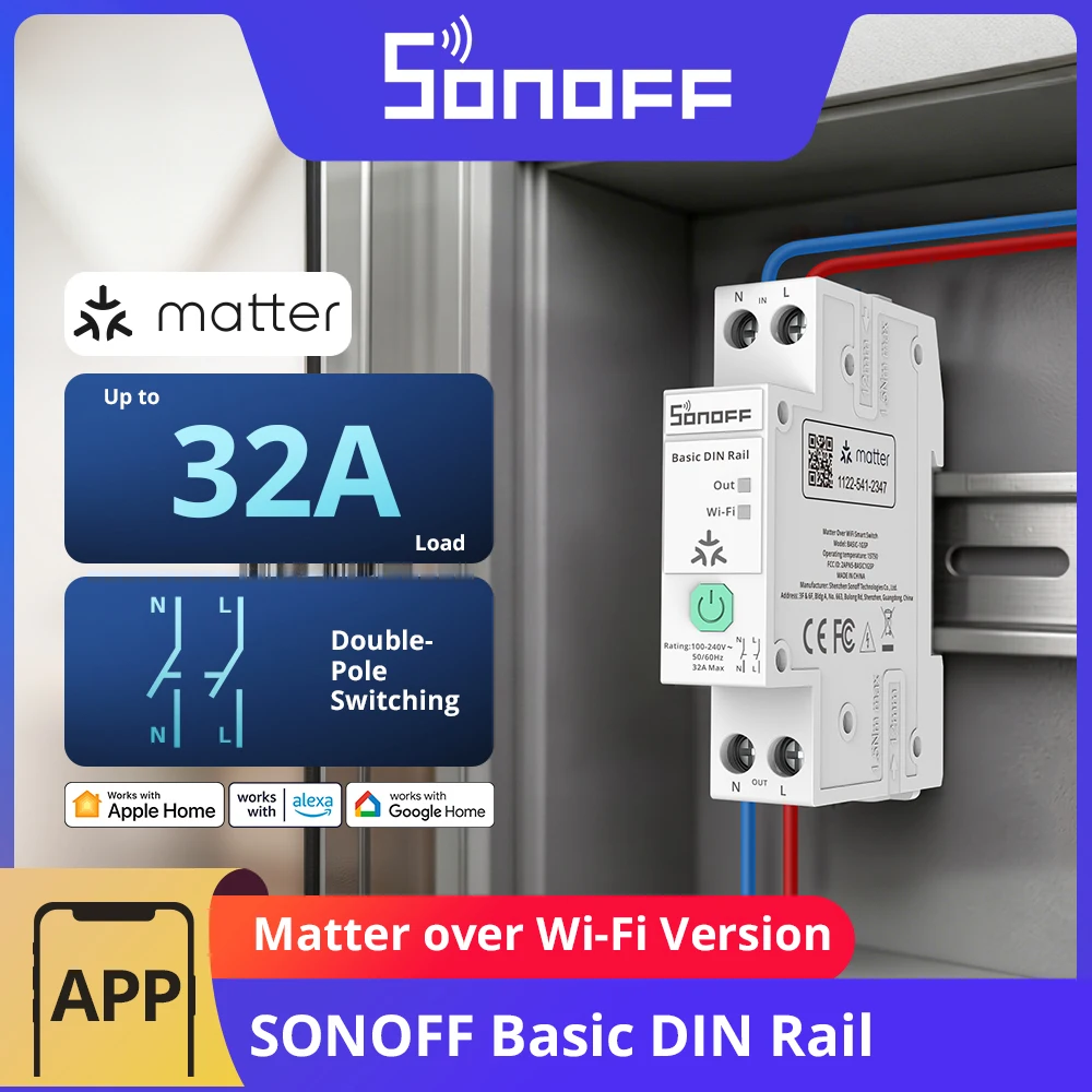 SONOFF BASIC-1GSP 기본 단일 채널 DIN 레일 스위치 Matter WiFi 에너지 소비 모니터링 과부하 보호 최대 32A