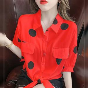 플러스 사이즈 스몰 프레시 폴카 도트 셔츠 여성 여름 한국 버전 영 루즈핏 반팔 레이스업 시폰 블라우스 및 셔츠