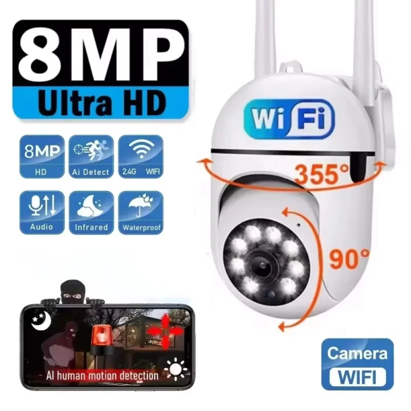 8MP 와이파이 IP 야외 무선 보안 감시 PTZ 카메라 4배줌 AI 인체 추적 양방향 오디오 HD 야간 컬러 카메라