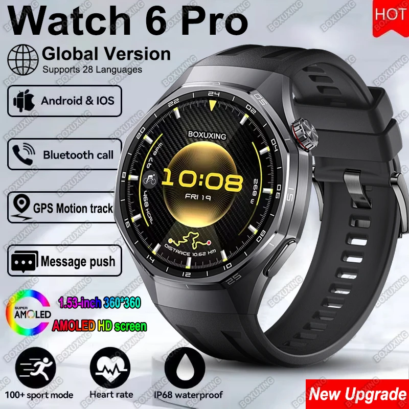 새로운 글로벌 버전 워치 6 프로 스마트워치 남성용 AMOLED 상시표시 시간 GPS 트래커 블루투스 통화 방수 스포츠 스마트워치