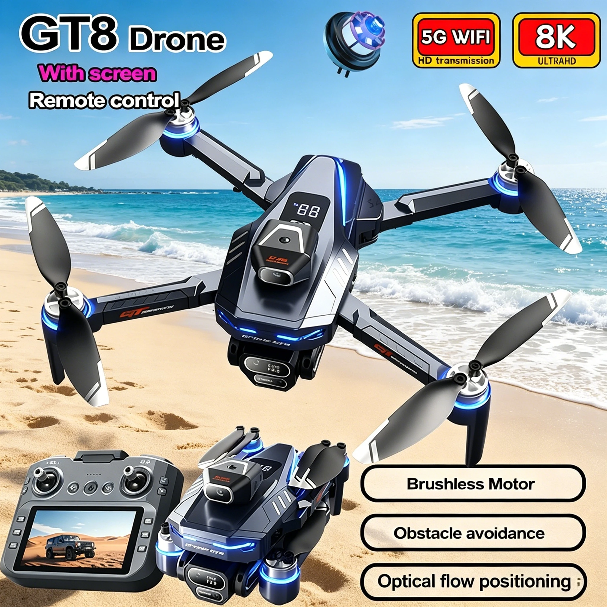 새로운 드론 GT8 8K 프로페셔널 HD 360 °   듀얼 카메라 5G WIFI 브러시리스 모터 장애물 회피 접이식 쿼드콥터 장난감