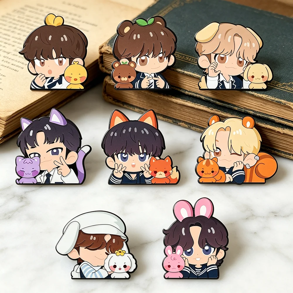 8pcs 카와이 에나멜 핀 세트 만화 브로치 패션 Kpop Aniteez 옷깃 배지 팬과 친구들을 위한 보석 선물