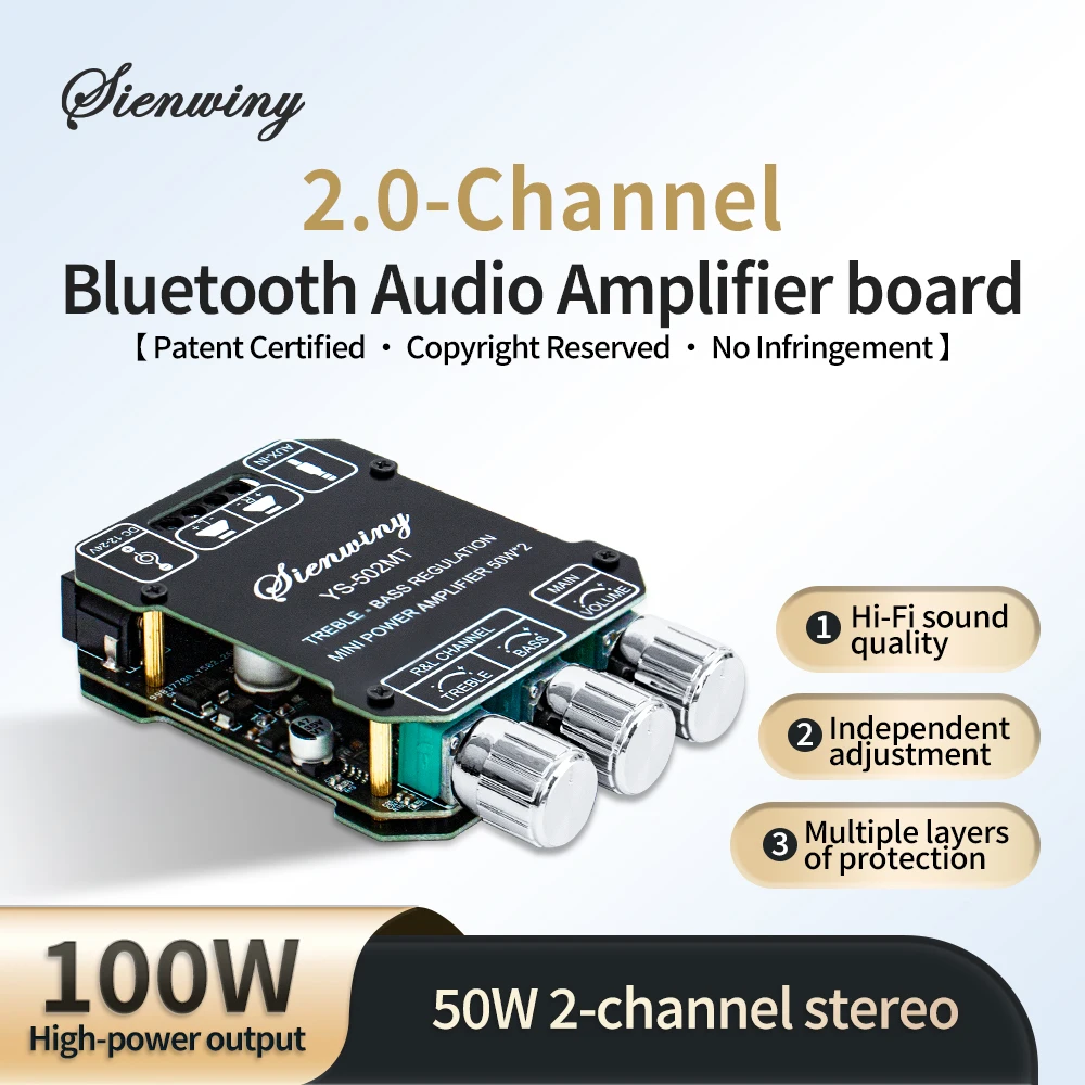 미니 블루투스 2.0 오디오 앰프 YS-502MT, 50W+50W 하이파이 스테레오 파워 앰프, AUX 입력, 조절 가능한 고음 저음 EQ, 저소음