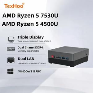 TexHoo 미니 PC AMD Ryzen 5 7530U 4500U 듀얼 DDR4 WIFI6 BT5.2 듀얼 LAN 트리플 디스플레이 휴대용 데스크탑 컴퓨터 Windows 11 3xUSB3