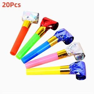 20Pcs 뮤지컬 블로우 아웃 풍선 혼합 반짝이 드리 워진 금속 Noisemaker 어린이 할로윈 크리스마스 파티를위한 귀여운 블로우 아웃 휘파람