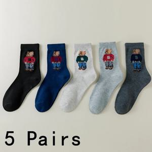 5켤레 세트 신사 곰돌이 남성용 양말 편안한 하라주쿠 스케이트보드 양말 독특한 통기성 양말 크리스마스 선물