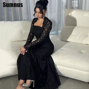 SUMNUS 블랙 인어 무도회 원피스, 우아한 긴 소매 이브닝 드레스, 바닥 길이 정장 가운, 레이스 맞춤형