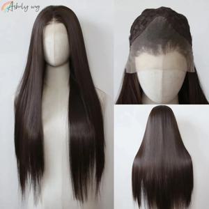 Ashely 13*4 다크 브라운 합성 레이스 프론트 가발 브라운 롱 스트레이트 레이스 프론트 가발 여성용 Pre Plucked Natural Hairline