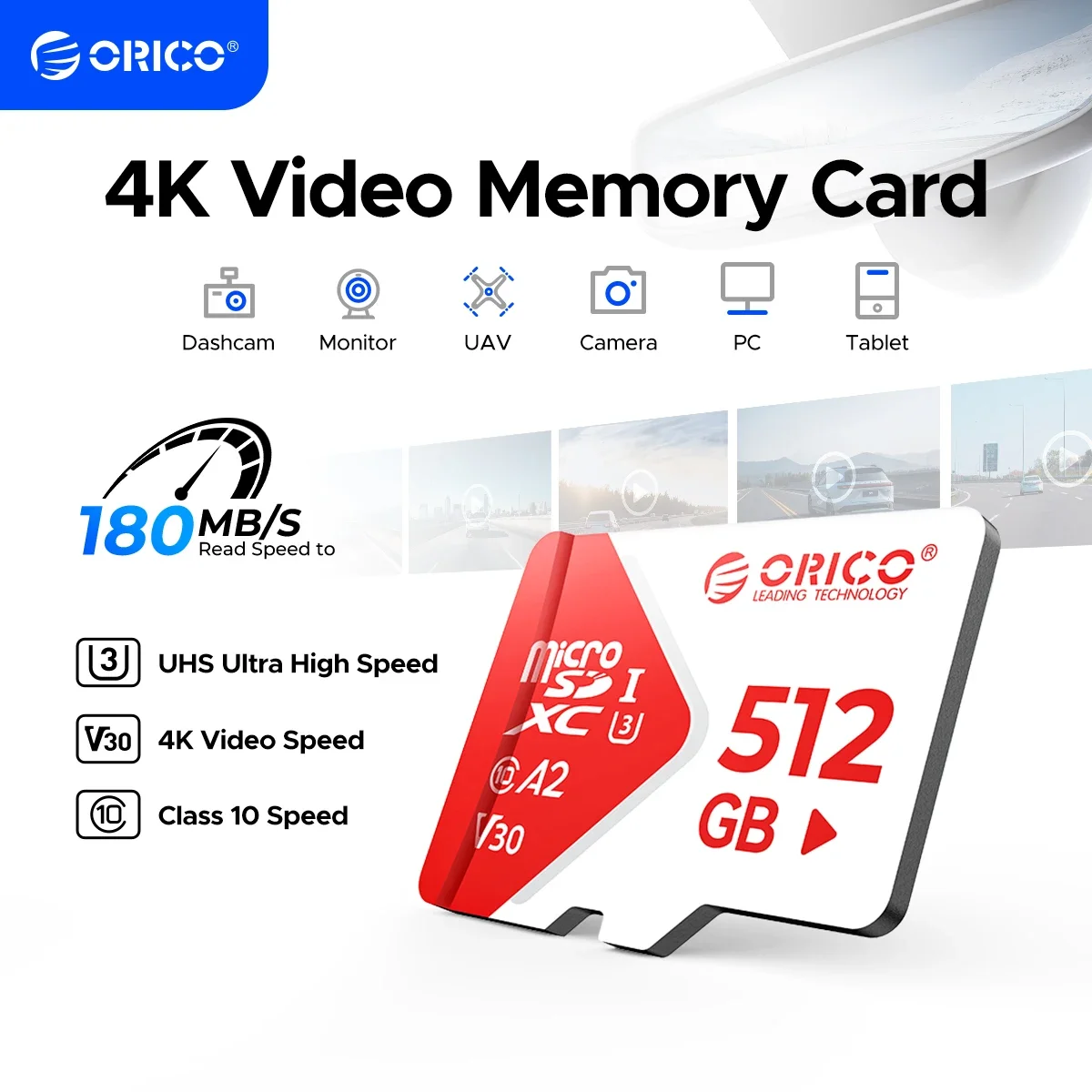 ORICO 180MB/S SDXC TF 카드 UHS-I U3 클래스 10 V30 A1 메모리 카드 (4K 비디오 녹화, 드론, 액션 카메라 및 모바일 기기용)