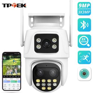 9MP WIFI IP 카메라 3렌즈 듀얼 스크린 8배줌 6MP PTZ 카메라 AI 자동 추적 보안 비디오 감시 카메라 ICSee