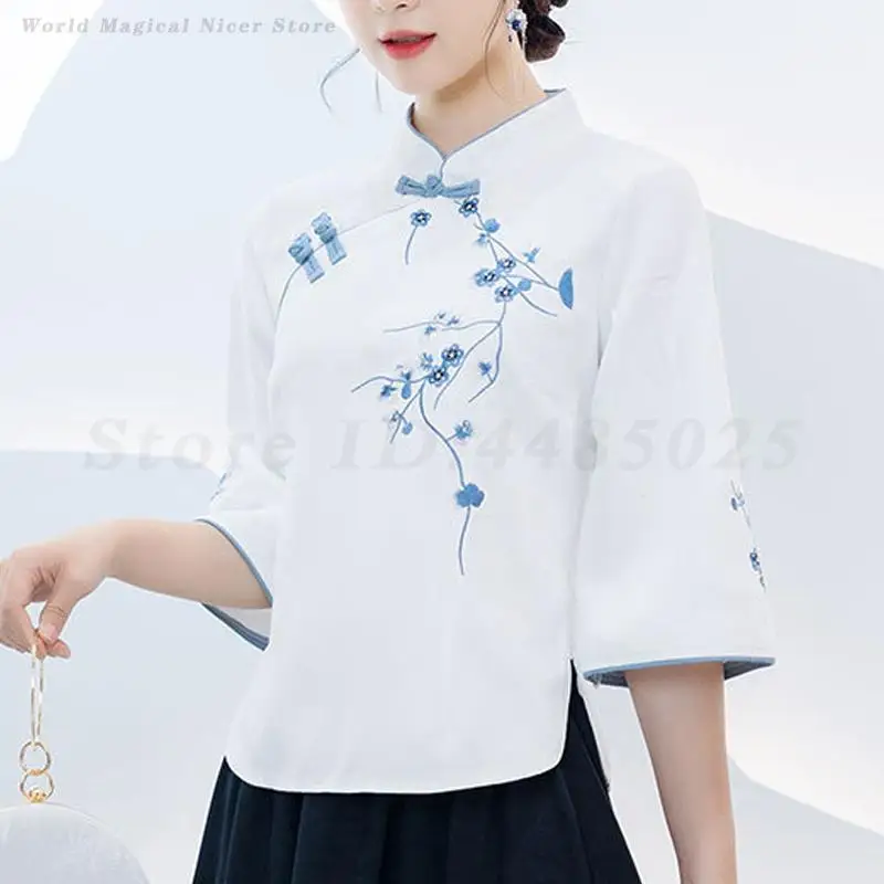 새로운 중국 스타일의 전통 Qipao 셔츠 전통 Hanfu 의류 세트 고대 자수 꽃 Cheongsam 블라우스 대형 5XL