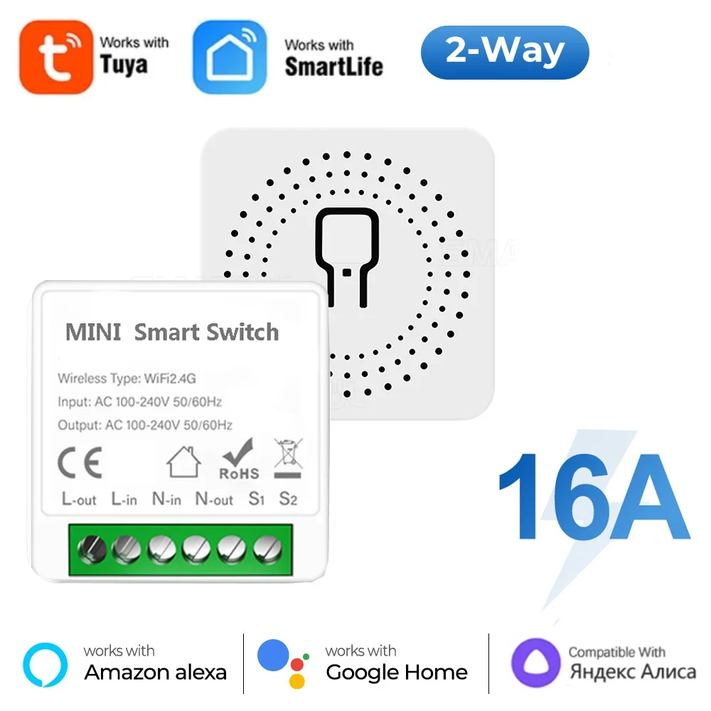 WiFi 스마트 스위치 16A 모듈 2방향 제어 미니 스위치 차단기는 Tuya Smart Life APP와 함께 작동합니다 Alexa Google Alice 1pc