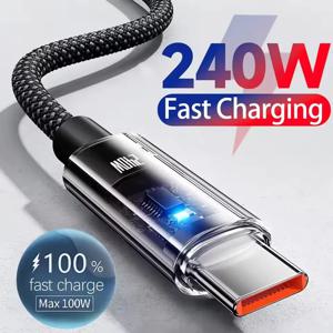 0.25/1/1.5/2M 240W 나일론 USB C PD 초고속 충전 데이터 케이블 LED 디스플레이 포함 USB to Type C 퀵차지 데이터 코드 신제품
